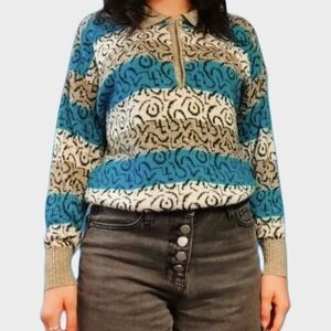 Retro Vintage Multicolor Textured Knit Pullover Polo Sweater!